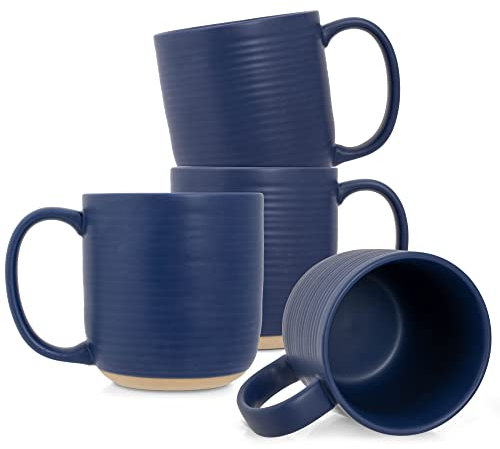 Elanze Designs Ribbed Ceramic Stoneware 13 ounce Raw Clay Bottom Coffee Mugs Set of 4, Royal Blue