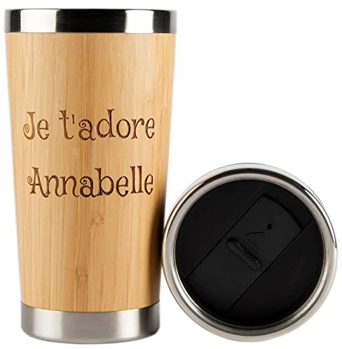 Grand mug thermos en bois avec personnalisation texte – Grand mug isotherme en bambou avec texte à graver dessus – Grand mug bois thermos avec capuchon