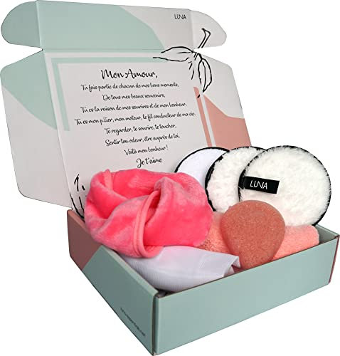 Coffret Cadeau Femme Mon Amour Beauté Spa - Set Démaquillage 7 Produits Réutilisables Message Personnalisé - Idée Cadeau Anniversaire Noël