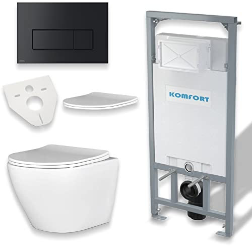BADLAND WC Set: Vorwandelement C201 + Wand Tiefspül WC Desna Weiß + Betätigungsplatte Schwarz M578 + Slim WC-Sitz mit Soft-close + Schallschutzmatte