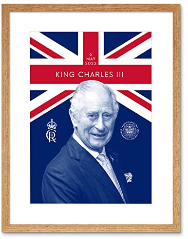 Artery8 King Charles III Coronation Reigning Under The Union Flag Royal Crest Emblem Artwork Framed Wall Art Print 9X7 Inch