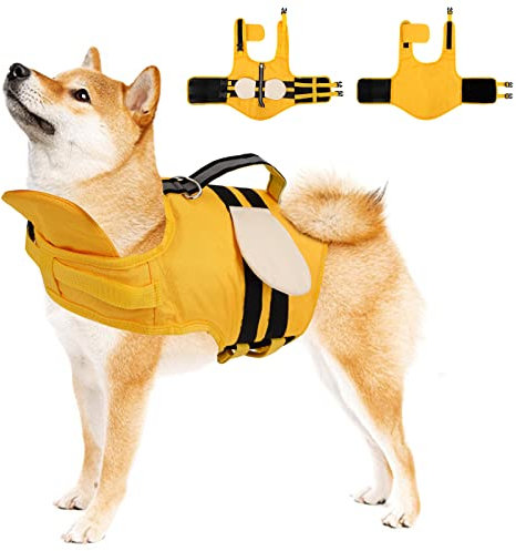 Giubbotto di Salvataggio per Cani,Giubbotto da Nuoto per Cani con Forte Galleggiamento e Maniglia di Salvataggio,Pet Salvagente Regolabile Salvagente per Cani per Nuoto,Surf,Canottaggio,Giallo (M)