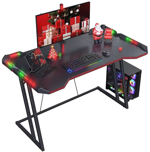 CubiCubi Gaming Schreibtisch, 120 x 60 cm Esport Ergonomischer Computertisch Tisch mit Kohlefaseroberfläche und LED, stabiles Z-Gestell, Kopfhörerhaken zum Spielen, Lernen, Schwarz