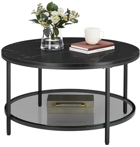 VASAGLE Coffee Table, Living Room Table, Sofa Cocktail Table Faux Marble Round, Tempered Glass Storage Shelf, Easy to Assemble, Modern Style, for Living Room, Marble Black and Ink Black LCT071B58