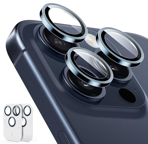 ESR Camera Lens Protectors for iPhone 15 Pro Max/15 Pro, Armorite Individual Lens Protectors, Scratch-Resistant Ultra-thin Tempered Glass with Aluminum Edging, Armorite Series, Set of 2, Dark Blue