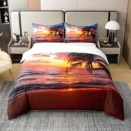 Palmen 100% Baumwolle Bettbezug 155x220 Ozean Strand Tröster Abdeckung Sonnenuntergang Hawaii Tropische Blätter Meer Welle Küste Bettwäsche Set Mediterrane Landschaft Quilt Cover mit 1 Kissenbezug