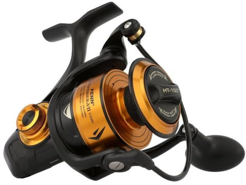 PENN Spinfisher VII Spinnrolle, Angelrolle, Meeresangelrolle mit IPX5 Dichtung, die vor dem Eindringen von Salzwasser schützt, für verschiedene Fischarten geeignet, Unisex, Schwarz Gold, 10500