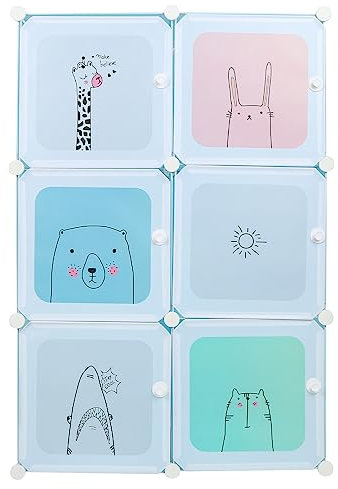 HUOLE Garderobenschrank DIY Kleiderschrank Regalsystem Steckregal Aufbewahrung Lagerregal Bücherregal mit Tür, 6 Fächer, Kunststoff,74 * 37 * 110 cm – blau