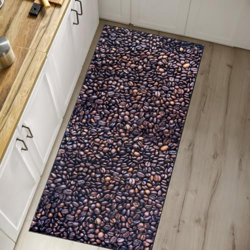 Mazovia Küchenteppich 80 x 200 cm Küchenläufer Waschbar bei 30°C - rutschfest, Tierfreundlich und Pflegeleicht - Kurzflor Teppich Läufer für Küche Kitchen Kaffeebohne Schwarz