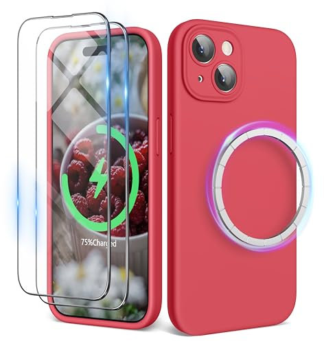 SURPHY Magnetic Case for iPhone 15 Case with Screen Protector, Liquid Silicone Anti-Scratch Compatible with MagSafe Gel Rubber Phone Case for iPhone 15 6.1 inch, Guava