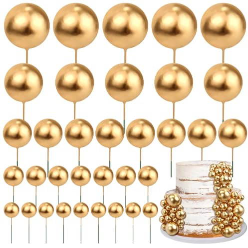 55 Pieces Mini Balls Cake Toppers 5 Sizes Foam Ball Cake Picks Cake Decorations Gold Color Mini Balloons Stick Cake Cupcake Toppers for Valentine's Day Baby Shower Party Supplies (Size1.5-4Cm)