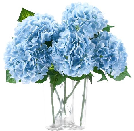 Coferset Lot de 5 fleurs d'hortensia artificielles réalistes au toucher réaliste pour maison, mariage, bureau, fête, salon (bleu layette)