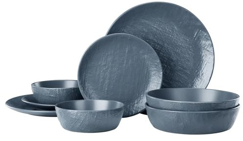 Navaris Vajilla Completa para 2 Personas - Vajillas Completas Modernas de Gres - 8x Platos Vajilla con Platos y Cuencos - Apto para Microondas Lavavajillas y Horno - Azul ahumado