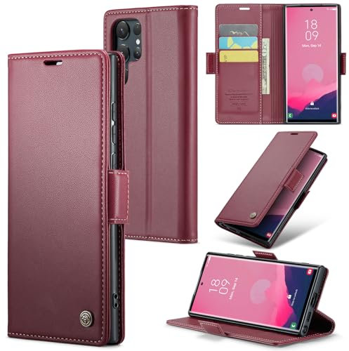 UFinetech für Samsung Galaxy S24 Ultra Hülle, Flip Case mit Schmetterlingsverschluss und Magnet, Ständer, Kartenfach Geldbörse, RFID-Blockierung, Stoßfest, Schlank, Kratzschutz, Kamera-Schutz, Weinrot