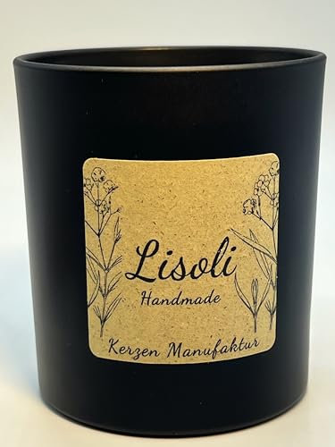 Duftkerze im Glas, handgemacht, vegan (schwarz matt 30 Cl) mit langer Brenndauer und Holzdeckel zur Wiederverwendung. (Duft: Luna, Docht: Baumwolldocht)