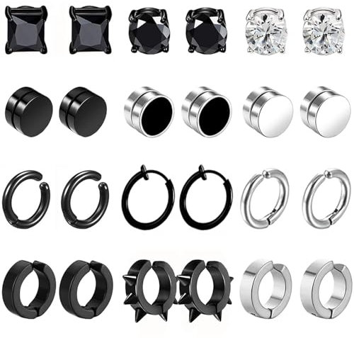 12Paires Fausse Boucles d’oreilles Homme Acier Inoxydable Boucles d’oreilles Sans Trou Faux Piercing Oreille Magnétique Fausse Creole Boucle d'oreilles Aimanté Homme