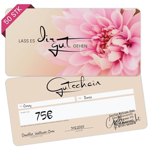 Gutscheinkarten zum Selbstausfüllen (50er Set, DIN Lang) - Blanko Gutschein zum Ausfüllen als Vorlage für Massage, Kosmetik, Friseur und Andere - Gutscheinvorlagen Neutral und Edel - Rosa Lotus