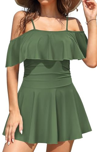 SHEKINI Maillot de bain une pièce pour femme - Dos nu - Jupe de bain plissée - Contrôle du ventre - Maillot de bain pour femme - Grande taille - Jupe de natation, vert olive, L