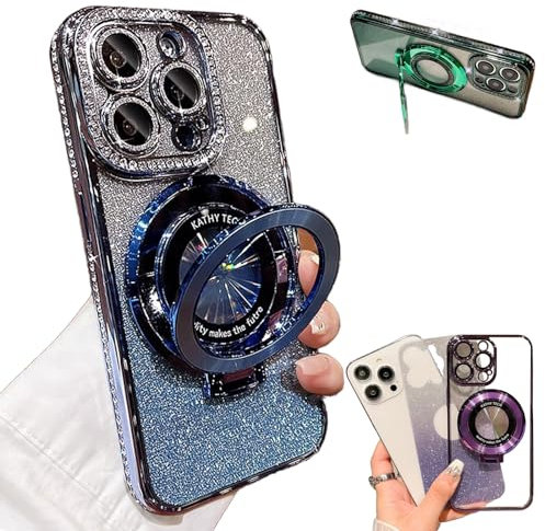 Zlimpty Glitter Rhinestones Magnetic for iPhone Case with Invisible Stand, Transmitg Glitter Rhinestones Gradient with Lens Protection for iphone 15/14/13/12 case (Blue,for iPhone 15)