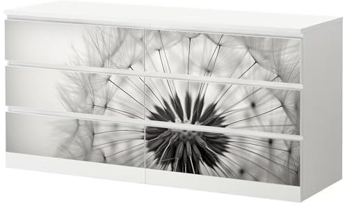 Sunnywall® Möbelfolie passend für IKEA Malm Kommode Schrankfolie Aufkleber mit Pusteblume mit weissem Hintergrund Motiv | blasenfrei verkleben | Wohnzimmer 6er 160 cm