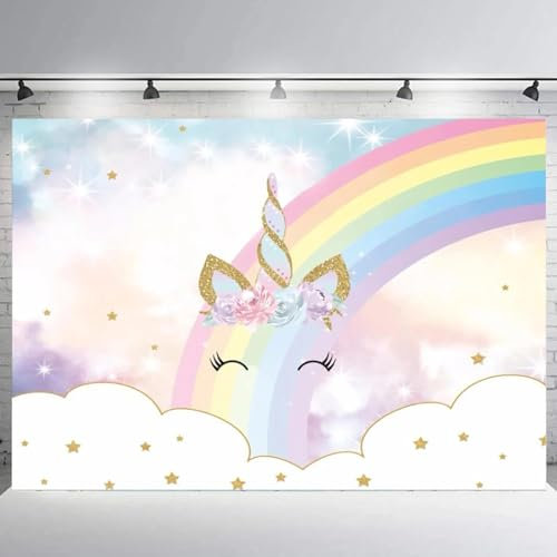 Funkeln Regenbogen Wolken Himmel Gold Horn Baby Dusche Benutzerdefinierte Fotografie Studio Hintergrund Hintergrund Vinyl 350x240CM