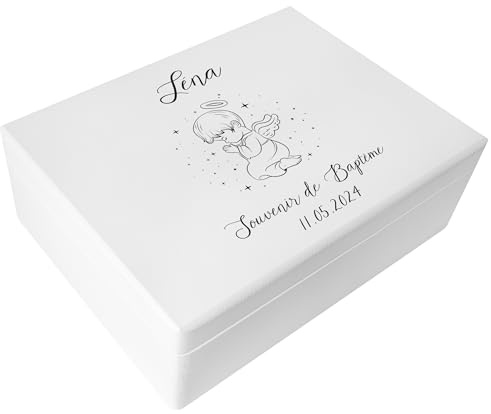 Creative Deco Boite Cadeau Personnalisé Bapteme pour Garçon et Fille | Boîte Blanc à Souvenirs en Bois | Personnalisés - Prière de l'ange | Personnalisable Idée Coffret Décoration