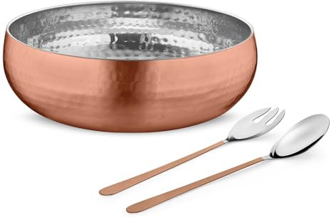 Avador® Set of 3 Premium Stainless Steel Salad Mixing Bowl Hammered Finish | Handmade | Includes Salad Serving Utensils (Copper Plated)
