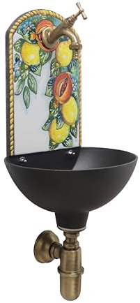 Fontana da parete Petra con frontale in pietra lavica dipinta a mano, decoro limoni e melograni, vasca in alluminio, completa di rubinetto e sifone (Ottone brunito)