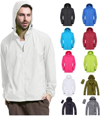 Ultra-Lite Waterproof Jacket Mens, Lightweight Packaway Rain Jacket Hooded Quick Dry Raincoat Windproof Sunscreen Outdoor Jacket for Cycling, Camping, Running, Hiking