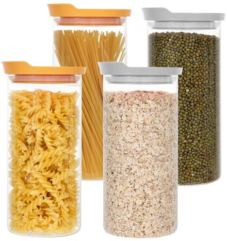 LIMILI Lot de 4 bocaux de conservation rectangulaires en verre avec couvercle en bambou - 1200 ml - Bocaux de conservation en verre hermétiques - Pour céréales, sucre, farine