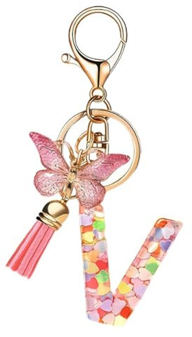 T TAKONE Schlüsselanhänger Buchstabe, Schmetterling Glitzer Rosa Schlüsselanhänger, Idealer Geschenk Auto Schlüsselanhänger für Frauen/Kinder-V