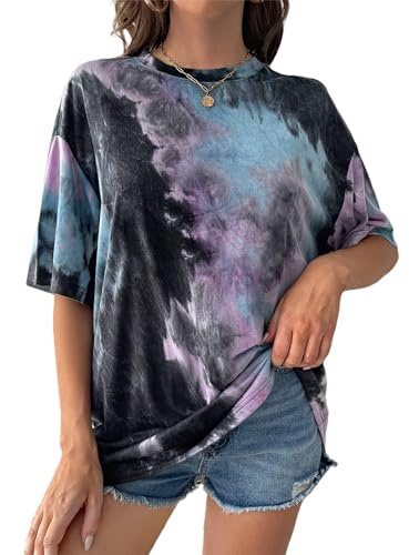 Remidoo Women's Casual Crewneck Short Sleeve Oversized Tshirt Tie Dye Shirt Gothic Tee Top Purple Large