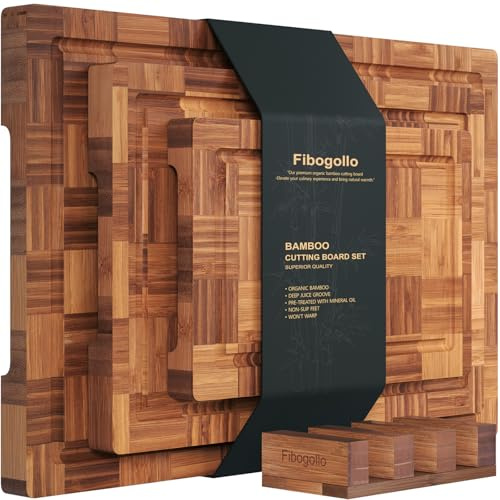 Fibogollo Set of 3 Bamboo Kitchen Cutting Boards with Juice Groove | Chopping Boards Set,End Grain Bamboo Butcher Block with Storage Stand,Serving Board and Charcuterie with Holder
