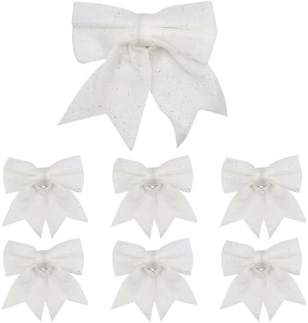 BORISCA 7 Pz Fiocchi Natalizi Glitterati, 25*20cm+15*12cm Bianco Fiocchi Albero di Natale in Cotone Perlato, Fiocchi di Nastro di Natale per Matrimonio, Natale, Fiocco Albero di Natale Punta Fai da Te