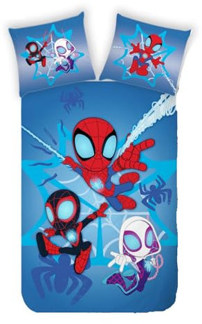 Familando Spidey Wende Bettwäsche Set 135x200 80x80 cm aus 100% Baumwolle · Kinderbettwäsche für Mädchen und Jungen mit Reißverschluss · Helles Motiv Spidey und Seine Super-Freunde