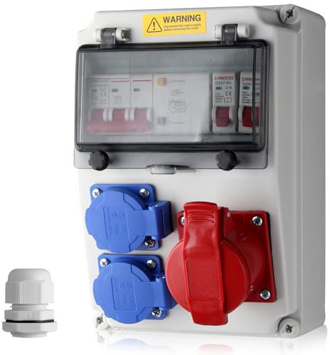 EYPINS Coffret Électrique de Chantier avec LS+FI-IP54 - avec 2 * 230 V Prise Schuko & IP 44 16A Prise CEE à 5 Broches-pour Intérieur et Extérieur des Pièces de Construction Des Ateliers