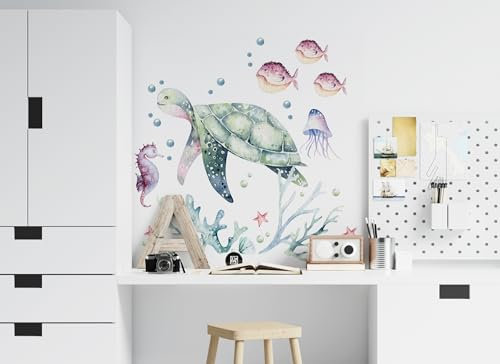 Osomhome |Wandtattoo Kinderzimmer Wandsticker | Wanddeko Babyzimmer | Schlafzimmer Junge Mädchen Selbstklebend | Schildkröte, Ozean, Korallenriff (Turtle, M)