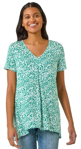 Roman Originals Leaf V Neck Stretch Jersey Top for Women UK Ladies Pleated Shirt Notch V Neck Blouse Summer Tunic Spring Pull-On Soft Evening Holiday Work Party Everyday - Green Ivory - Size 14