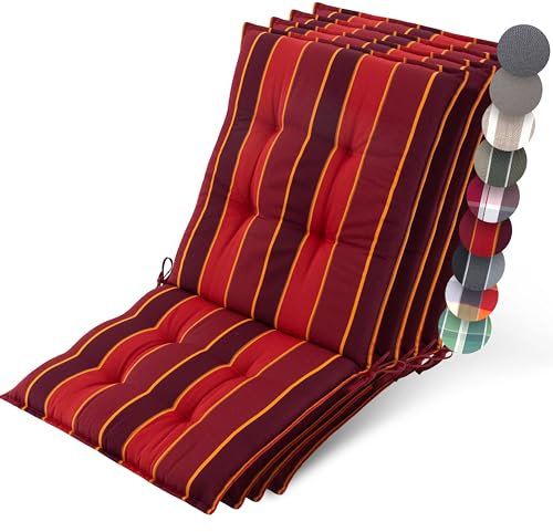 Beautissu 4er Set Premium Niedriglehner Auflage Gartenstuhl 100x50cm Sun-NL – 8cm Dick Polster Gartenstuhlauflage rutschfest Befestigungsbänder UV-Lichtechtheit 5 – Robust Stoff Rot Gestreift