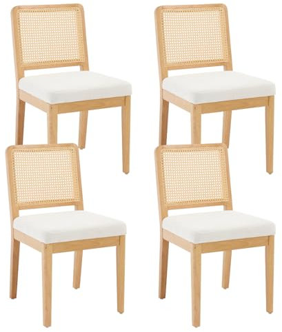 chairus 4er Set Esszimmerstühle Chenille Küchenstühle mit Rattan Rückenlehne Retro Holz Akzentstühle Polsterstühle für Esszimmer Küche Wohnzimmer (Weiß-4)