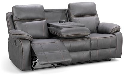 Padded Grey Faux Leather 3 Seater Recliner Sofa with Drop Table - Leather Reclining Sofa with Cup Holders, Sockets and USB Ports, Lazy Boy Recliners for Living Room, Cinema Room, Gaming Room - VEGAS