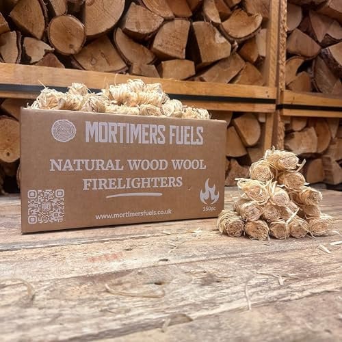 Mortimers Fuels 150 Wood Wool Firelighters – box of 150 natural firelighters for lighting fires in wood burners, stoves, open fires, BBQs, fire pits and pizza ovens.