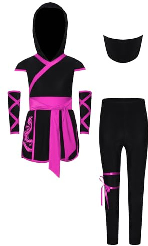 Rswnyirn Tenue Cosplay Ninja Moderne Enfant Unisexe Hoodie et Pantalon Coordonnés avec Masque et Gants Déguisements Fête Halloween Carnaval A Rose vif 13-14 ans