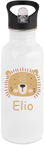 Gourde personnalisée lion prénom – 600 ml bouchon paille – Bouteille enfant maternelle école – Cadeau personnalisé crèche