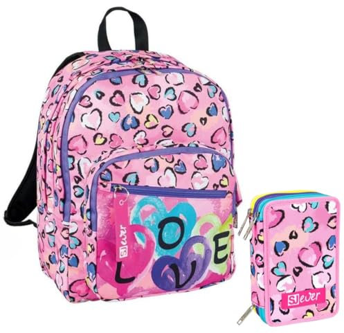 SJ Gang Seven Ever Zaino Doppio Scomparto con Astuccio, 30L, 31 x 43 x 24 cm, Rosa con Cuori