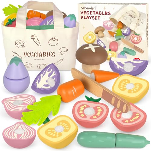 Beberolen Frutas y Verduras Juguete, Comida Cocinita Infantil 2 3 4 5 Años | Utensilios y Alimentos de Madera Infantil, Juegos de Rol Picnic Montessori, Regalo de Cumpleaños Guardería para Niños y Niñas