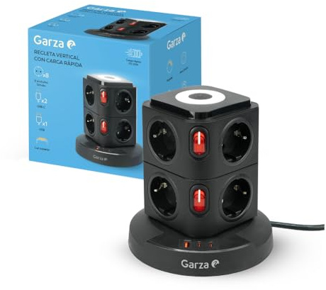 Garza - 11-in-1-Turm-Steckdosenleiste mit 8 Schuko-Steckdosen, 2 USB-C PD20W und 1 USB-A, Schnellladung, dimmbares Nachtlicht, Einzelschalter und Überlast- und Kurzschlussschutz