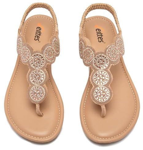 Veittes sandales boho plates pour femmes -Sandales élégantes et confortables à bride élastique arrière, à sabot ouvert sandales tong d’été avec strass et sangle de cheville,doré,41 EU,2307004