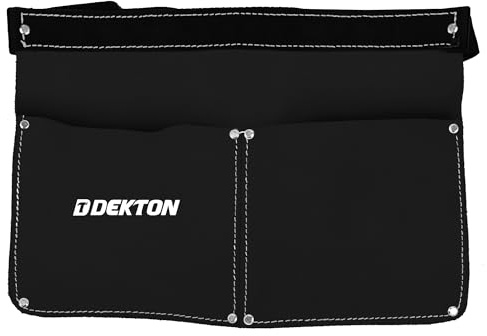 DEKTON Leather Tool Belt Pouch for Professionals, Heavy Duty 2 Pocket Work Apron with Adjustable Fit, Storage Organiser for Carpenters, Electricians, Hammer Holder, Black