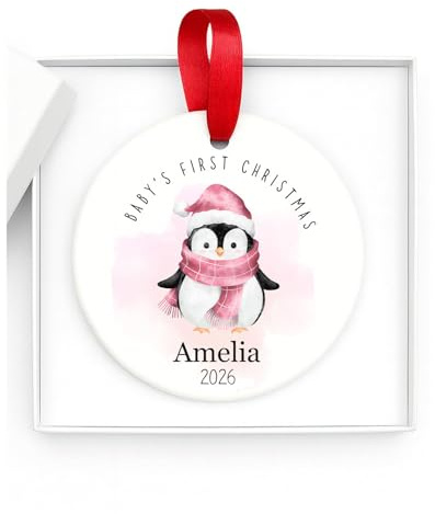 Personalised My 1st Christmas Bauble 2026 Pink Penguin Baby Girl Xmas Decoration Tree Hanging Ornament – Custom Name Keepsake for Baby’s First Christmas
